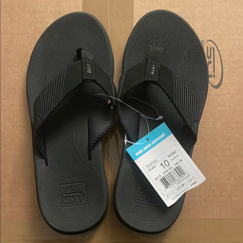 Reef Cushion Phantom 2.0 High Arch Support Black Flip-Flops Textured Footbed - Picture 1 of 4